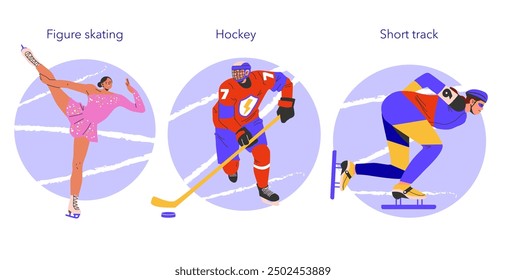 Winter sports set. Athletes in figure skating, hockey, and short track speed skating. Dynamic poses and athletic attire. Vector illustration.