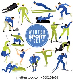 Winter sports set with athletes involved in hockey biathlon curling bobsled freestyle flat isolated vector illustration