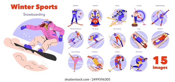 Winter Sports set. Dynamic depictions of athletes competing in diverse snowy activities. From snowboarding to speed skating, a celebration of winter athleticism. Vector illustration.