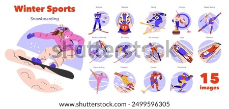 Winter Sports set. Dynamic depictions of athletes competing in diverse snowy activities. From snowboarding to speed skating, a celebration of winter athleticism. Vector illustration.