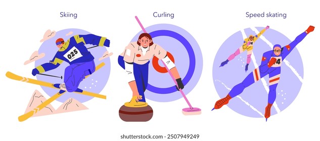 Conjunto de deportes de invierno. Ilustraciones dinámicas de actividades de esquí, curling y patinaje de velocidad. Atletas enérgicos en acción durante eventos competitivos de invierno. Ilustración vectorial.