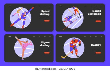 Winter sports set. Dynamic illustrations of speed skating, Nordic combined, figure skating, and hockey. Athletes in action on ice and snow. Vector illustration.