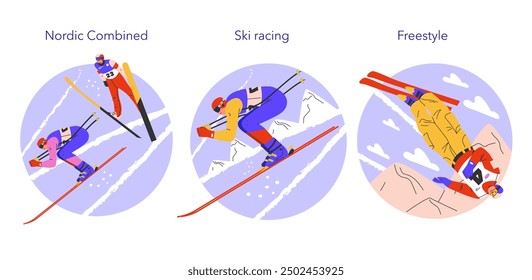 Winter Sports set. Dynamic scenes of Nordic Combined, Ski Racing, and Freestyle skiing amid snowy slopes. Athletes' agility and precision vividly captured in action. Vector illustration.