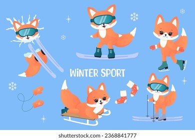 winter sports set. fox on skis, sledge, snowboard, skates. 