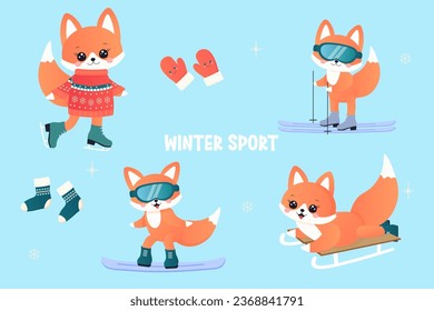 winter sports set. fox on skis, sledge, snowboard, skates. 