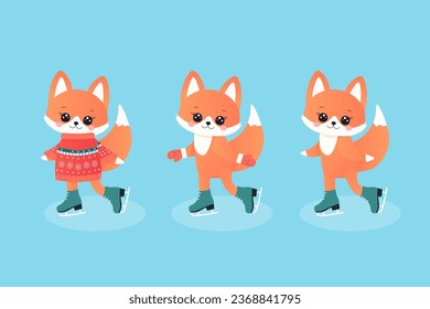 winter sports set. fox on skates with gloves and jumper.