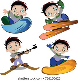 The winter sports. Set of illustrations with cartoon boy character vector isolated