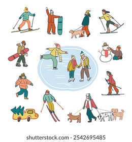 Winter sports. Set of people skiing, snowboarding, skating. Vector illustration