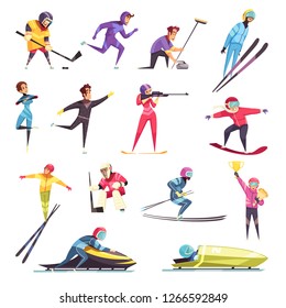 Winter sports set with skiing snowboarding and skating flat isolated vector illustration