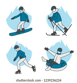 Winter sports set. 
Snowboarding, skiing, skating, tubing illustration. Season vacation activity