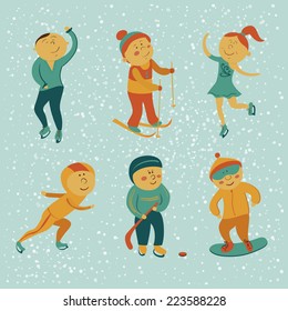 Winter sports set, vector athletes in cartoon style