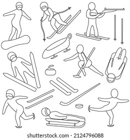 Winter sports. Set of vector illustrations. Doodle style. Collection of sports games. Coloring book. Alpine skiing, ski jumping, short track. Group of sports icons. Outline on isolated background