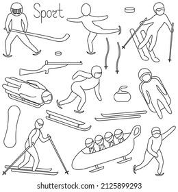 Winter sports. Set of vector illustrations. Doodle style. Collection of sports games. Coloring book. Hockey, figure skating, cross-country skiing. Group of sports icons. Outline on isolated background