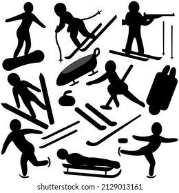 Wintersport. Silhouette. Satz von Vektorgrafiken. Sammlung von Sportspielen. Skifahren, Skisprung, Kurzurlaub. Gruppe von Sportsymbolen. Einziger Hintergrund. 
