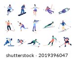 Winter sports skating. Skiers and snowboards athletes, mountains ski jumping and freestyle, bobsleigh, curling ice hockey, olympic games. People active poses vector cartoon isolated set