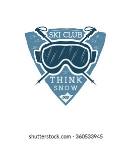 Winter sports ski club Label with goggles. Vintage Mountain explorer badge. Outdoor adventure logo design. Travel hipster color insignia. Snowboard icon symbol. Camping emblem. Wilderness Vector.