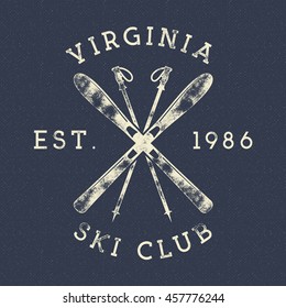 Winter Sports, Ski Club Label. Vintage Mountain winter camp explorer badges. Outdoor adventure logo design. Travel hand drawn and hipster insignia. Snowboard icon symbol. Wilderness. Vector.