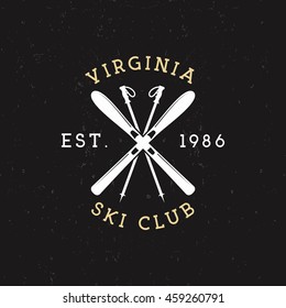 Winter Sports, Ski Club Label. Vintage Mountain winter camp explorer badge. Outdoor adventure logo design. Travel hand drawn and hipster insignia. Snowboard icon symbol. Wilderness. Vector design.
