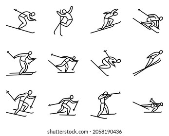 Winter Sports, Ski Competitions, Athlete On Skis, Winter Entertainment. A Set Of Vector Icons, Outline, Isolated, Editable Stroke, 48x48 Pixel.