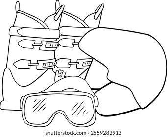 Winter sports ski composition in graphic line art. Vector Snow activities equipment ski, snowboard, helmet and snowmobile. ski boots, sunglasses and helmet  illustration for web and applications.