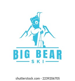 Winter Sports, Ski Icon with Bear holding skies and mountain background. Outdoor adventure logo design template.