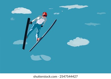 Winter sports. Ski jumping. Skier soaring in the air against the blue sky and clouds after jumping from a ski jump