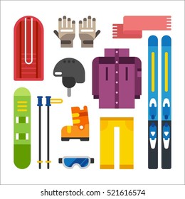 winter sports ski, snow board and  sleigh object vector illustration flat design