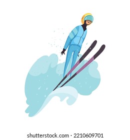 Winter sports skiing cartoon concept with happy sportsman flat vector illustration