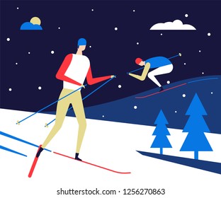 Winter sports, skiing - flat design style colorful illustration. High quality composition with characters, people in outfits going on piste, snow falling, trees. Active lifestyle, recreation concept