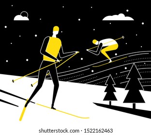 Winter sports, skiing - flat design style illustration. Black, yellow and white composition with characters, people in outfits going on piste, snow falling, trees. Active lifestyle, recreation concept