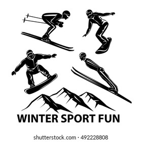 Winter Sports. Skiing, ski jumping and snowboarding sportsmen silhouettes