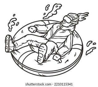 Winter sports. Sledding, tubing on an inflatable tuba on the snow. Outline hand drawing in vector