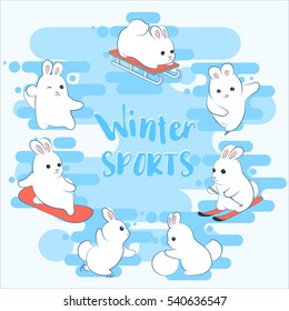 Winter sports. Snowboard, skating, skiing, short track, sled, snowballs. Cute rabbits are different winter actions. Cartoon style.