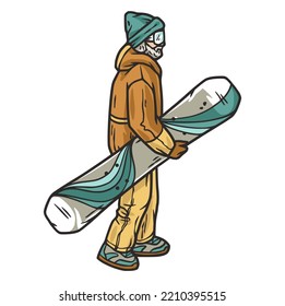 Winter sports. Snowboarder on a snowboard on top of a snowy mountain.