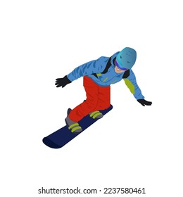  Winter sports. Snowboarder on a white background in winter clothes. Winter postcard icon. Vector illustration