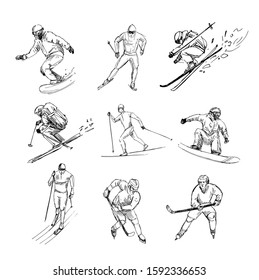 Winter sports. Snowboarder, skier, hockey player. Set of black outlines with transparent background