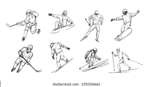 Winter sports. Snowboarder, skier, hockey player. Set of black outlines with transparent background