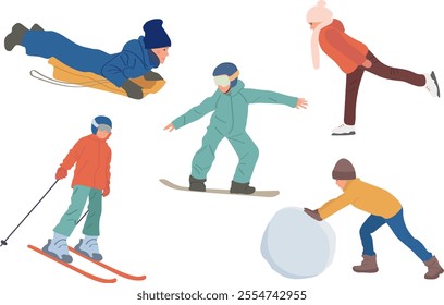 Winter sports - snowboarding, skiing, sledding, skating. Children's Christmas games, making a snowman and relaxing on vacation in nature.