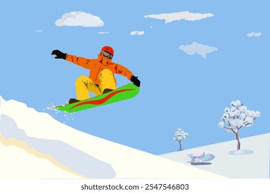 Deportes de invierno. Snowboard. Un snowboarder salta de un obstáculo mientras desciende de una montaña contra el fondo de árboles, arbustos y nubes en un cielo despejado.