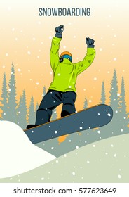 Winter sports, snowboarding. Vector illustration of man snowboarder in motion from the slope on a snowboard