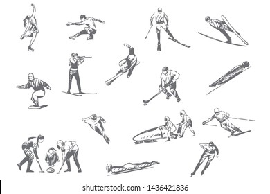 Winter Sports, Sportive Activities Concept Sketch. Professional Competition, Snowboarding, Ski Jumping, Figure And Speed Skating, Bobsleigh, Competitive Games Set. Isolated Vector Illustration