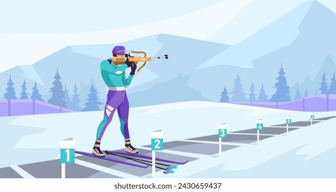 Winter sports. Sportsman in purple uniform training before biathlon competition on outdoor snow track. Standing shooting position. Concept of hard work to win award. Vector illustration.