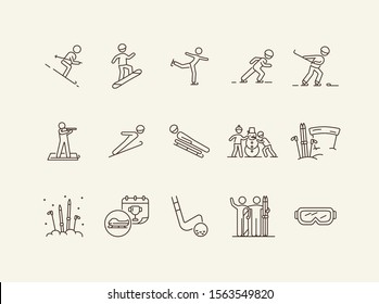 Winter sports thin line icon set. Hockey, skiing, snowboarding sign pack. Winter sports concept. Vector illustration symbol elements for web design and apps
