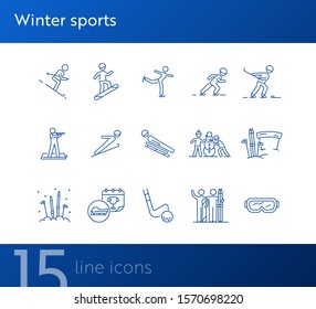 Winter sports thin line icon set. Hockey, skiing, snowboarding sign pack. Winter sports concept. Vector illustration symbol elements for web design and apps