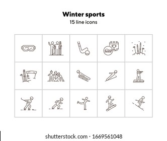 Winter sports thin line icon set. Hockey, skiing, snowboarding sign pack. Winter sports concept. Vector illustration symbol elements for web design and apps