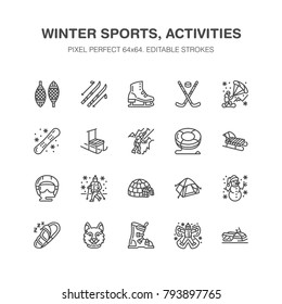 Winter Sports Vector Flat Line Icons. Outdoor Activities Equipment Snowboard, Hockey, Sled, Skates, Snow Tubing, Ice Kiting. Linear Pictogram With Editable Stroke For Ski Resort. Pixel Perfect 64x64.