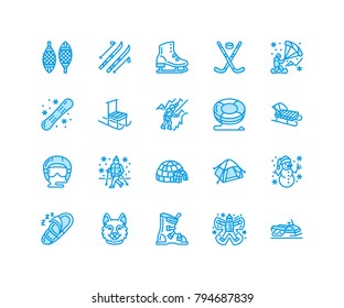Winter sports vector flat line icons. Outdoor activities equipment snowboard, hockey, sled, skates, snow tubing, ice kiting. Linear pictogram with editable stroke for ski resort. Pixel perfect 64x64.