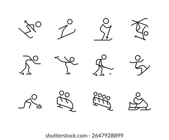 Winter Sports Vector Icon Set | Adjustable Line Weight | Skiing, snowboarding, ice skating, figure skating, hockey, curling, luge, sledding, bobsleigh, winter games icons
