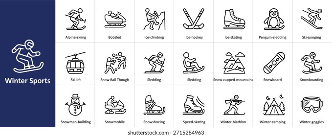 Winter sports vector icon set with cold weather recreation and mountain activities