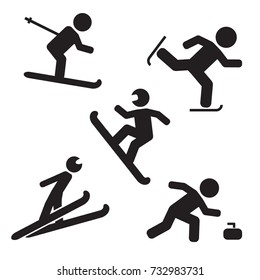 Winter sports vector icon set, skiing, ski jump, curling, ice skating, snowboarding